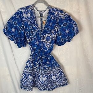 FARM Rio Blue & White Printed Tie-Strap Dress